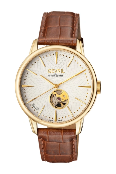 Gevril Men's Mulberry Swiss-automatic Embossed Leather Strap Watch