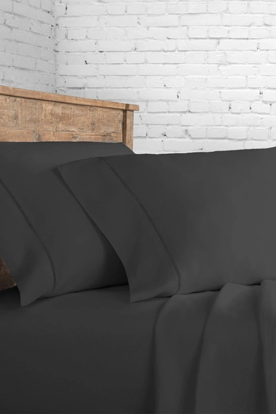 Melange White Queen Linen Ladder Hem Sheet 4-piece Set In Dark Grey