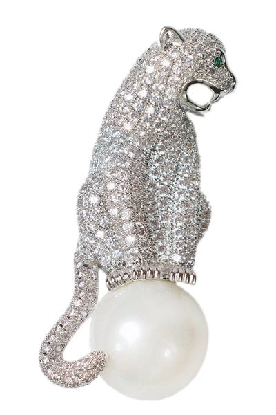 Cz By Kenneth Jay Lane Rhodium Plated Pave Cz Panther Imitation Pearl Brooch In White-clear-silver