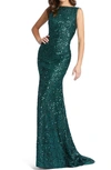 Mac Duggal Sequin Drape Back Trumpet Gown In Emerald Green
