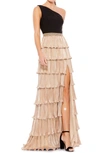 Mac Duggal One-shoulder Ruffle Tiered Gown In Black Gold