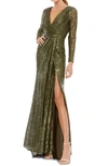 MAC DUGGAL SEQUIN LONG SLEEVE FAUX WRAP GOWN,26490