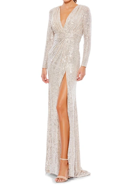 Mac Duggal Sequined Faux Wrap Long Sleeve Gown In Silver
