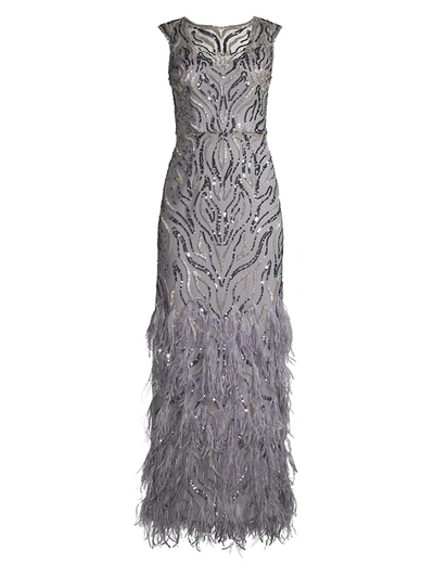 Aidan Mattox Women's Sequined & Feathered Tulle Column Gown In Silver