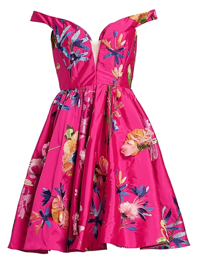 Marchesa Women's Off-the-shoulder Embroidered Taffeta Cocktail Dress In Fuchsia