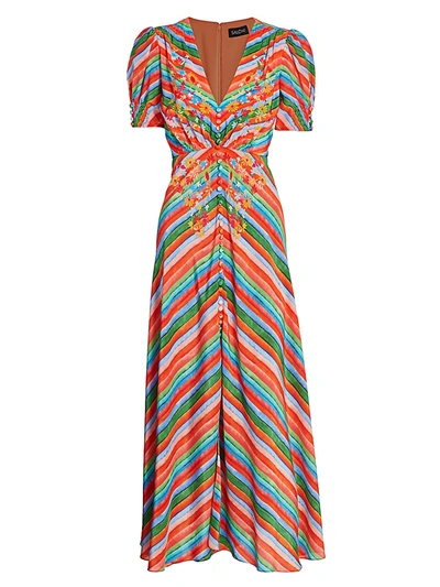 Saloni Women's Lea Multicolor Chevron Stripe Silk Crepe De Chine A-line Dress In Watercolor Stripe
