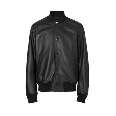 Burberry Logo Embossed Leather Bomber Jacket In Black