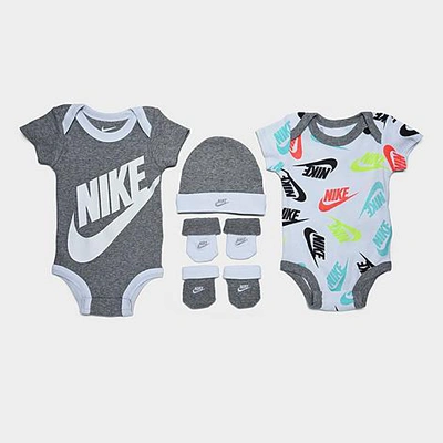 Nike Babies'  Infant Futura Allover Print 5-piece Bodysuit, Beanie Hat And Socks Set In White/grey