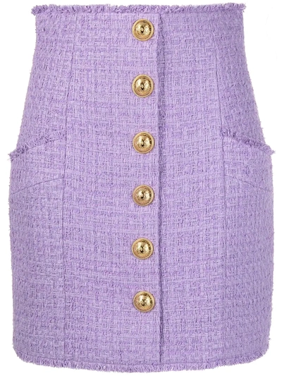 Balmain Button Detailing Tweed Skirt In Purple