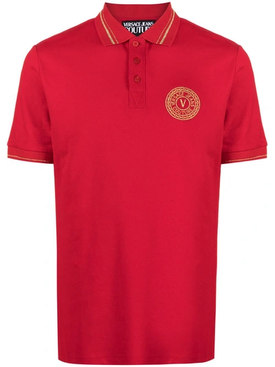 Versace Jeans Couture V-emblem Embroidered Slim Fit Polo Shirt In Red