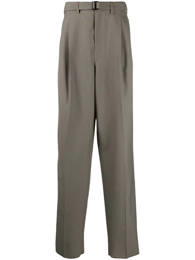 Lemaire Taupe Wool Belted Pleat Trousers In Grey