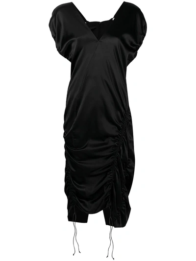 Helmut Lang Asymmetric Ruched Silk-blend Satin Midi Dress In Black