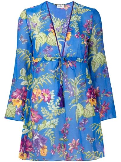 Etro Floral-print V-neck Dress In Blue