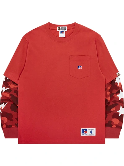 A Bathing Ape X Russell Colour Camo College T-shirt In Red