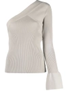 Theory One-sleeve Paneled Ribbed-knit Top In Neutrals