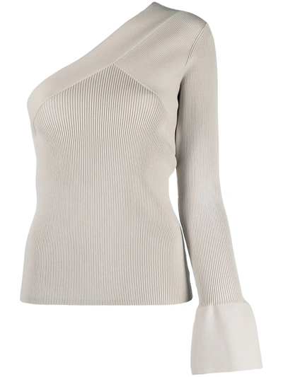 Theory One-sleeve Paneled Ribbed-knit Top In Neutrals