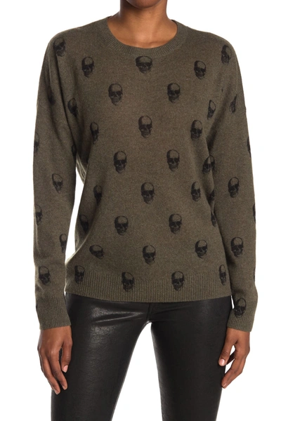 Skull Cashmere Cara Jack Skull Print Cashmere Sweater In Olive W/blk Skull