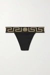 Versace Greca Jacquard-trimmed Stretch-cotton Jersey Thong In Black