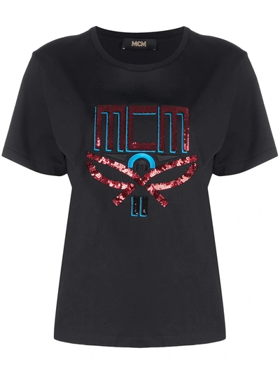 Mcm Sequin-logo Crew-neck T-shirt In Black