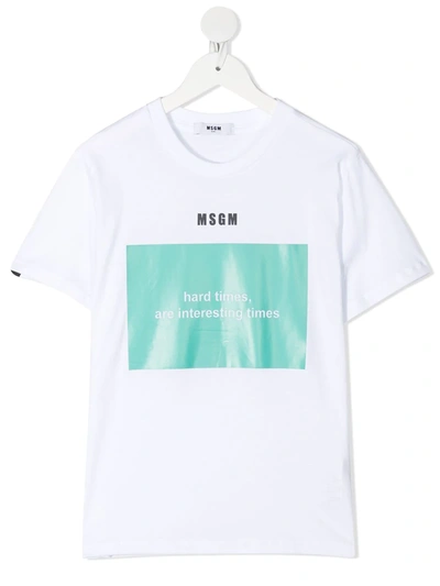 Msgm Kids' Slogan Print Round Neck T-shirt In White