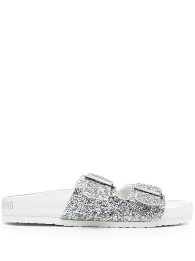 Love Moschino Glitter Buckled Slides In Silver