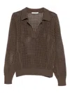3311 Openwork Polo-collar Knitted Top In Brown
