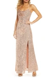 Morgan & Co. Cowl Neck Sequin Crossback Body-con Gown In Pink