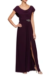 Alex Evenings Cowl Neck Beaded Waist Gown In Eggplant