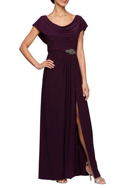 Alex Evenings Cowl Neck Beaded Waist Gown In Eggplant