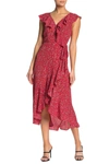 Max Studio Patterned Ruffle Wrap Midi Dress In Samba Red Alice Floral Twirl