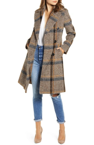 Kendall + Kylie Double Breasted Plaid Coat In Brown