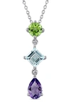 Delmar Sterling Silver Amethyst Peridot Blue Topaz Drop Pendant Necklace In Multi-color