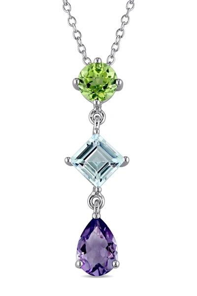 Delmar Sterling Silver Amethyst Peridot Blue Topaz Drop Pendant Necklace In Multi-color