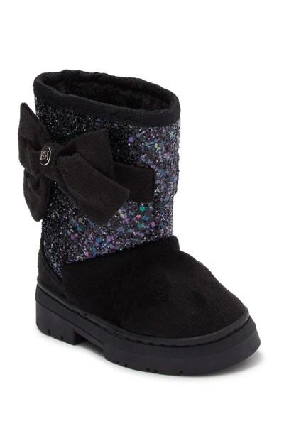 Bebe Kids' Glitter Bow Faux Fur Lined Winter Boot In Blk