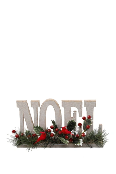 Flora Bunda 12" L Noel Sign W Cardinal Berries In White