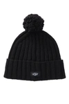 Ugg Pompom Solid Rib Knit Beanie In Black