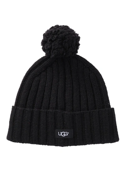 Ugg Pompom Solid Rib Knit Beanie In Black