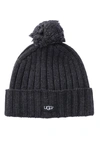 Ugg Pompom Solid Rib Knit Beanie In Charcoal