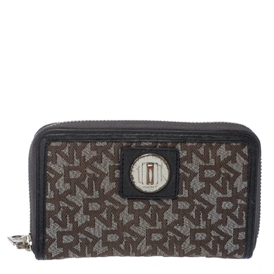 Pre-owned Dkny Brown/black Monogram Canvas And Leather Zip Around Wallet