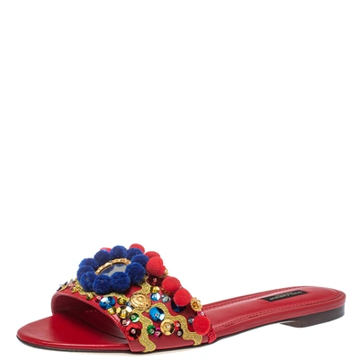 Pre-owned Dolce & Gabbana Red Leather Pom Pom And Mirror Embellished Flat Sandals Size 40