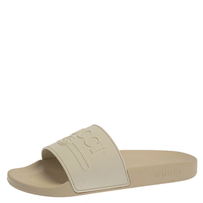 Pre-owned Gucci White Rubber Logo Pursuit Slide Sandals Size 44