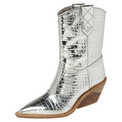 Pre-owned Fendi Silver Croc Embossed Leather Cutwalk Cowboy Boots Size 38