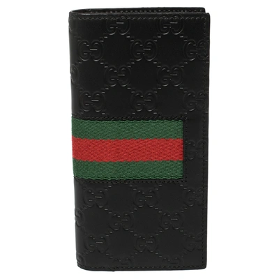 Pre-owned Gucci Ssima Leather Web Long Wallet In Black