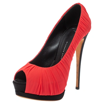 Pre-owned Giuseppe Zanotti Red Ruched Silk Peep Toe Platform Pumps Size 37.5