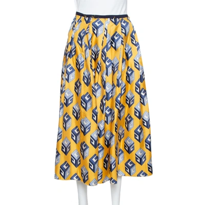 Pre-owned Gucci Yellow Cube Printed Silk Pleated Midi Skirt S