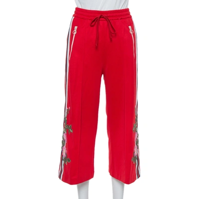 Pre-owned Gucci Red Knit Side Stripe & Floral Applique Detail Culottes Xs