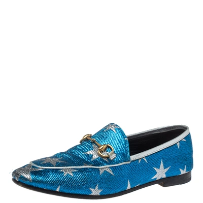 Pre-owned Gucci Blue Glitter Fabric Jordaan Star Lurex Horsebit Loafers Size 37