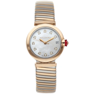 Pre-owned Bvlgari Bulgari Mop Diamonds 18k Rose And Stainless Steel Lvcea Tubogas 102954 Women's Wristwatch 33 Mm In White