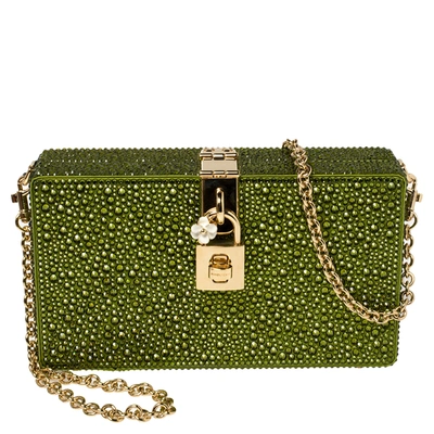 Pre-owned Dolce & Gabbana Green Heat-applied Rhinestones Dolce Box Chain Clutch