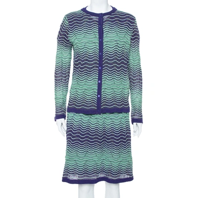 Pre-owned M Missoni Bicolor Wave Knit Drop Waist Dress & Button Front Cardigan Set L In Blue